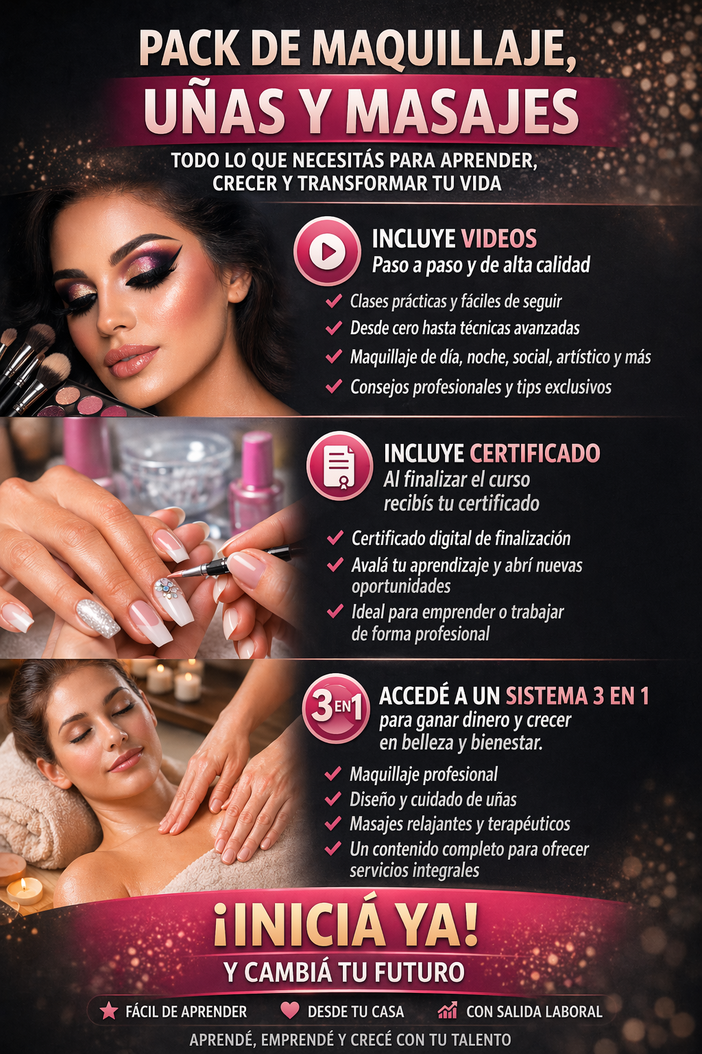 Pack Oro: 3 Cursos en 1 (Manicura + Maquillaje + Masajes)